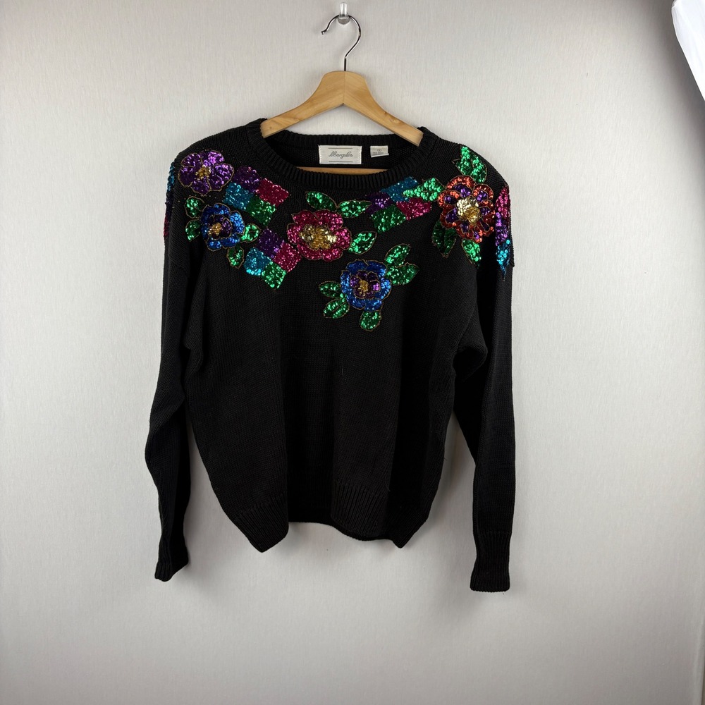 Margules Black Sequin Floral Embellished Knit Sweater Women's‎